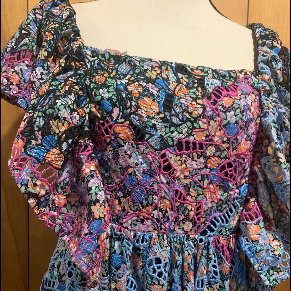 Anthropologie Blue Black Pink Floral Embroidery Ruffle Eyelet Lined Maxi Dress - Picture 6 of 16